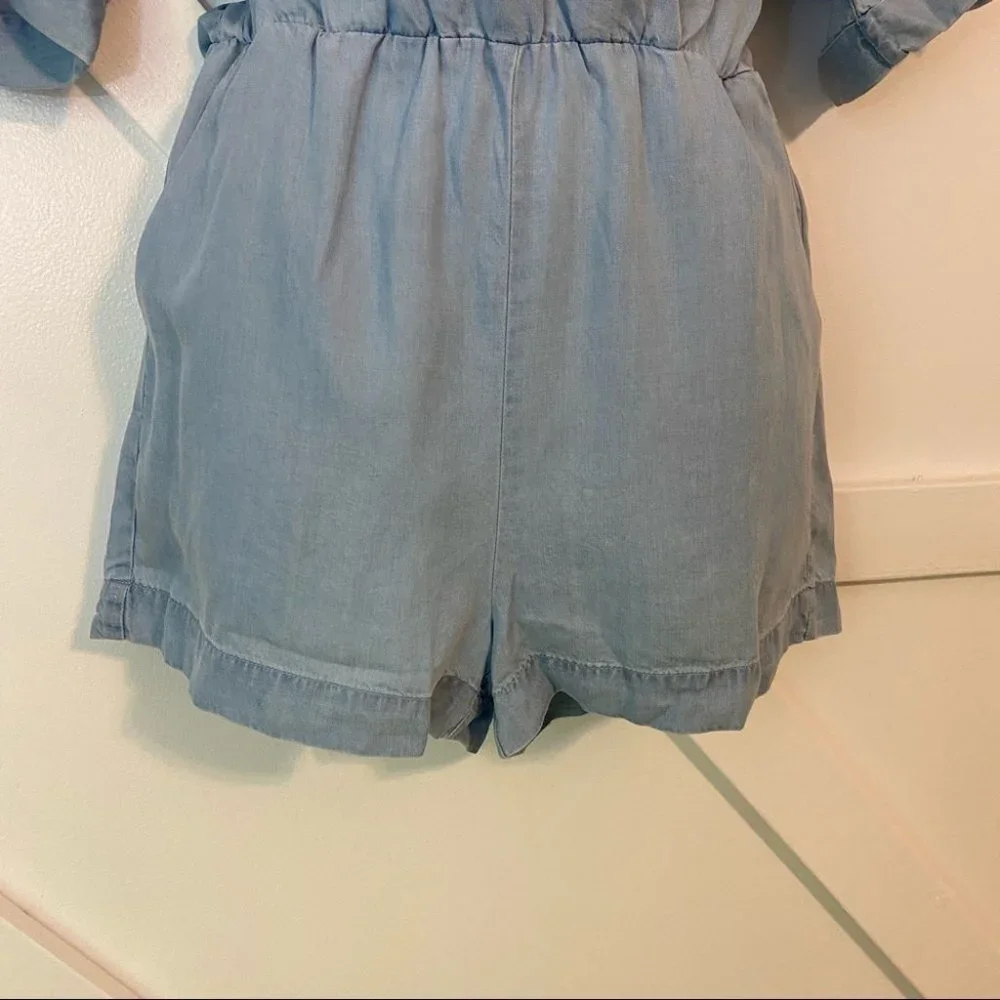 Caara Chambray Short Surplice Romper Blue Sz XS